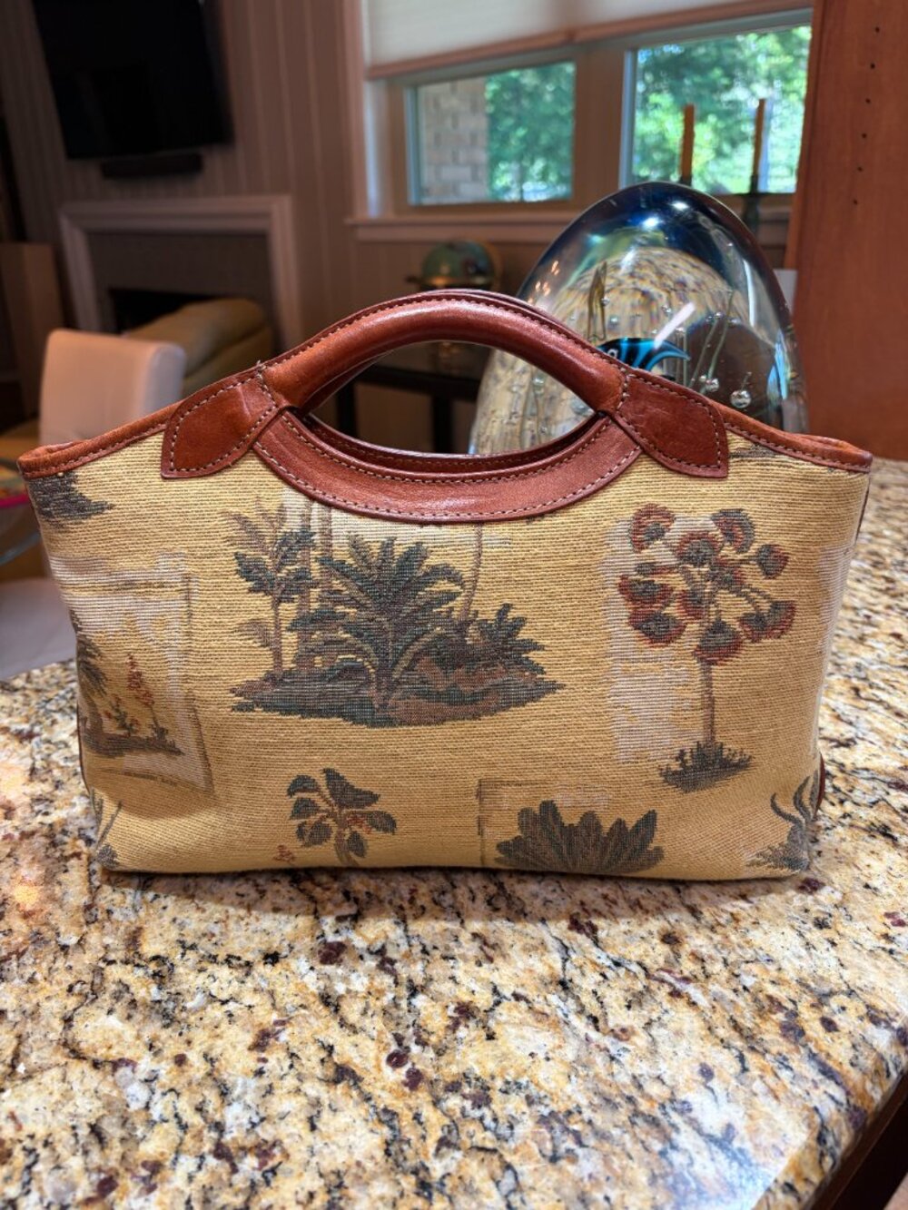 Tommy Bahama Vintage Beige Tropical Tapestry Satchel with Brown Leather Trim EUC - Picture 2 of 5